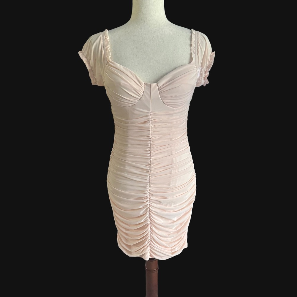 Alice Elle Blush Pink Ruched Mesh Bodycon Mini Dress Sweetheart Sz 8 10 12 NWT